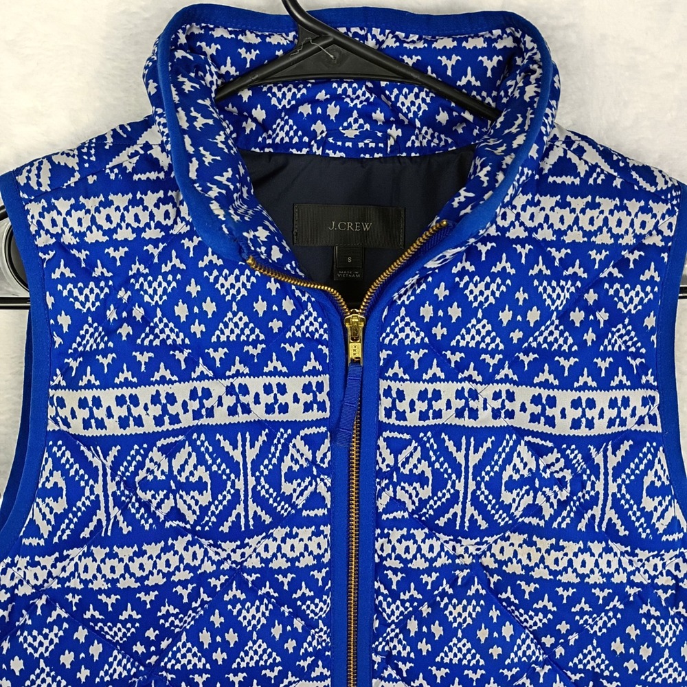 J.Crew‎ Excursion Quilted Puffer Vest Blue White Fair Isle Geometric Print Small